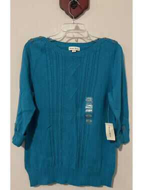Studio Works Womens Medium Blue Ribbed Pullover Cotton Sweater NWT! A5019